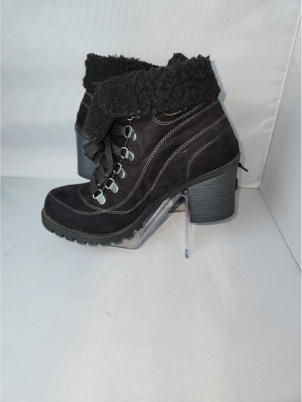 Jelly Pop Black Suede Lace-Up Ankle Boots with Faux Fur Cuff and Block Heel - Picture 14 of 14